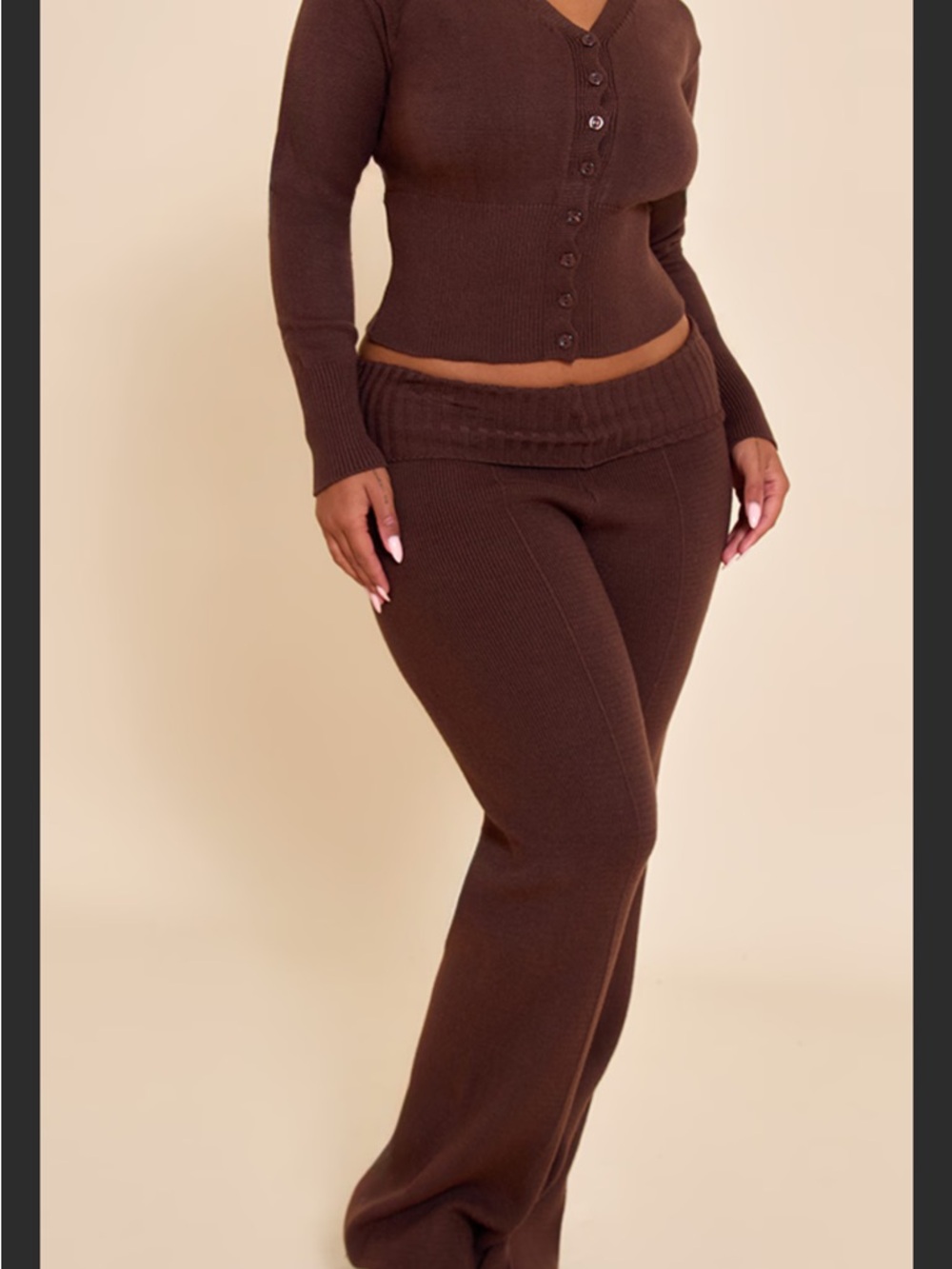 Brown ribbed knit cardigan and pants coord set